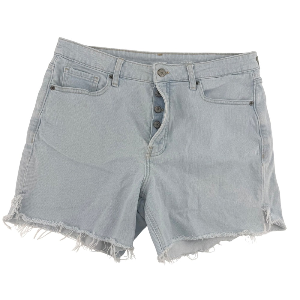 Old Navy OG Button Fly Straight High Rise Jean Shorts Light Wash Raw Hem Size 14